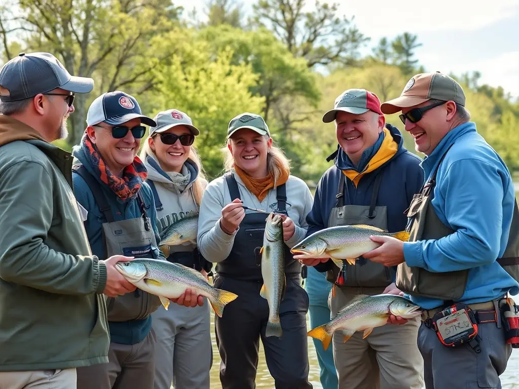 A group of SCGL members participating in a community fishing event, showcasing teamwork and camaraderie.