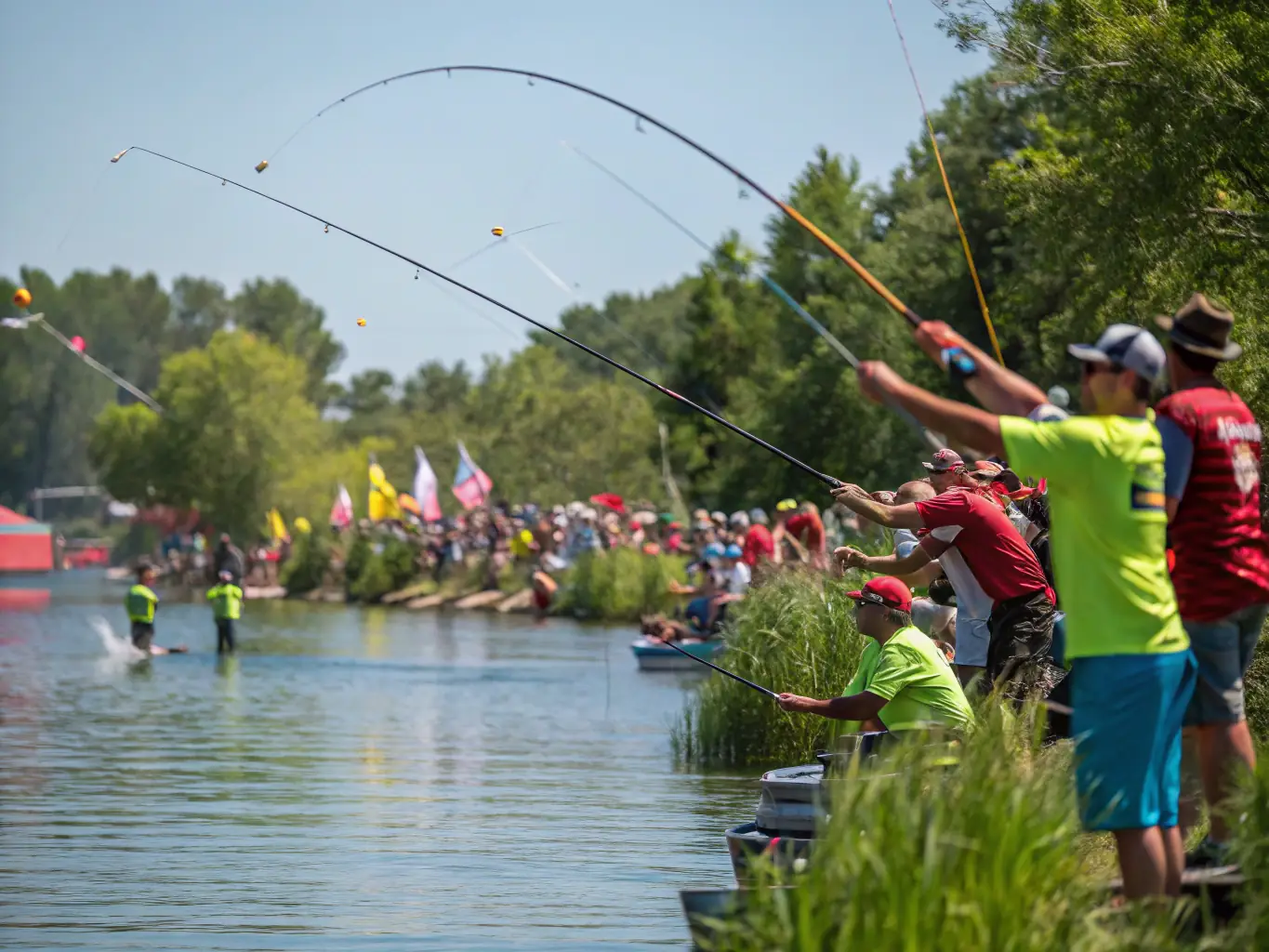 A vibrant image of anglers competing at a local fishing tournament, with participants casting lines and a lively crowd observing.
