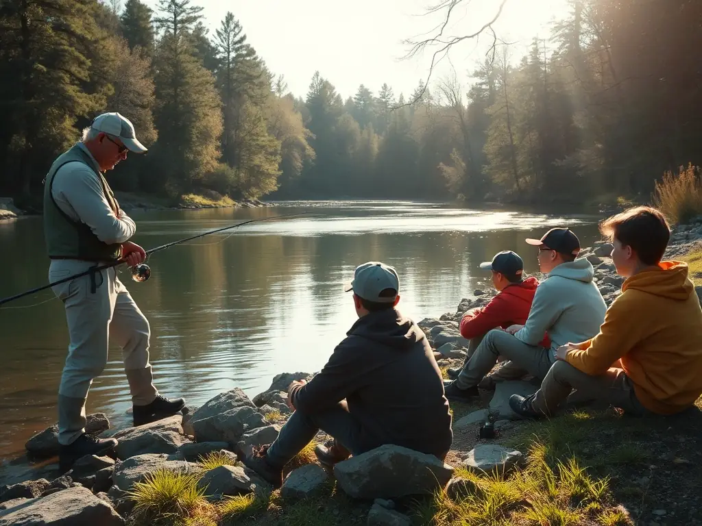 An instructor demonstrating fishing techniques to a group of attentive participants beside a river.