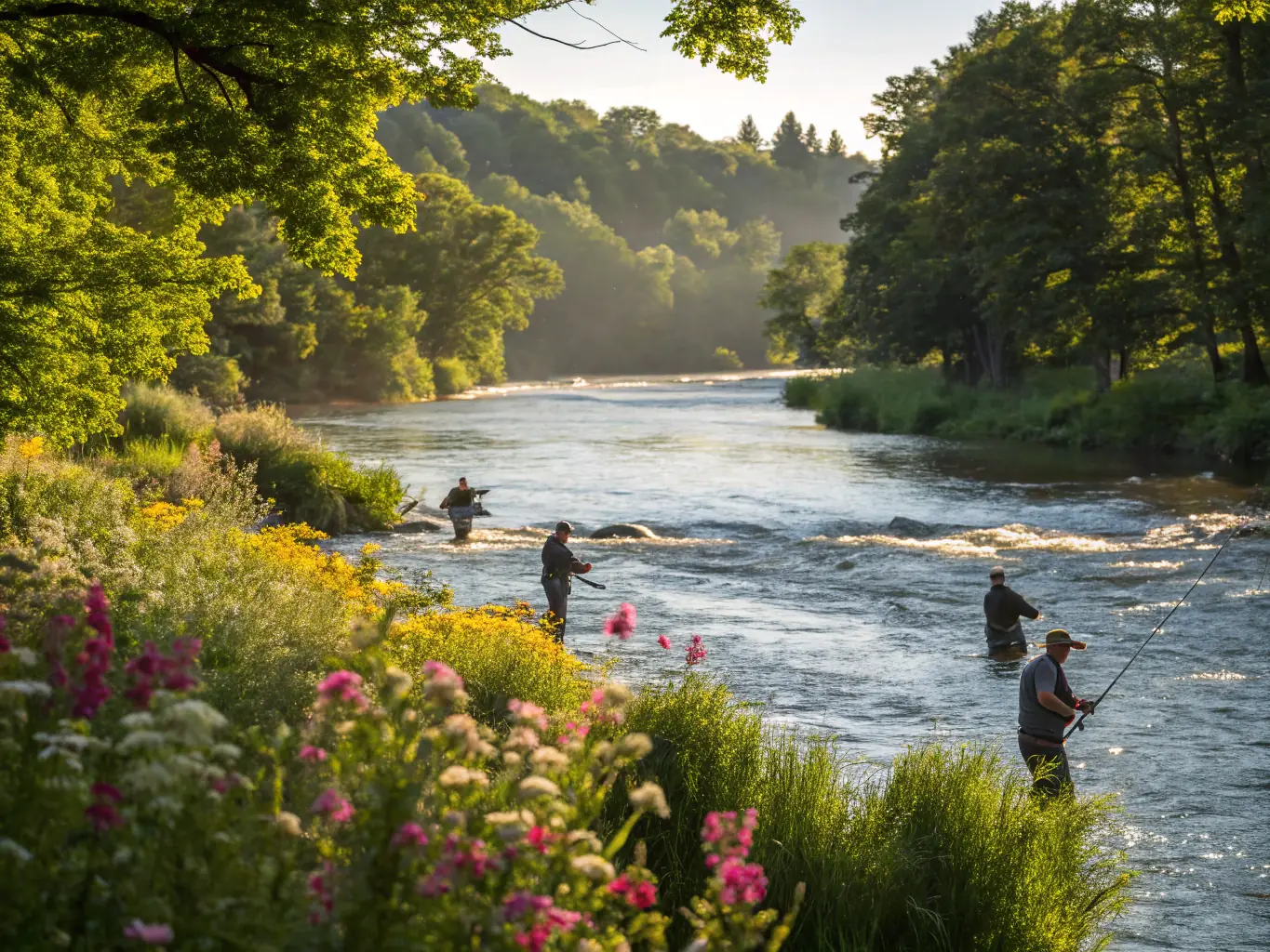 A vibrant image depicting anglers participating in a competitive fishing tournament on a sunny day, showcasing the excitement and camaraderie of the event.