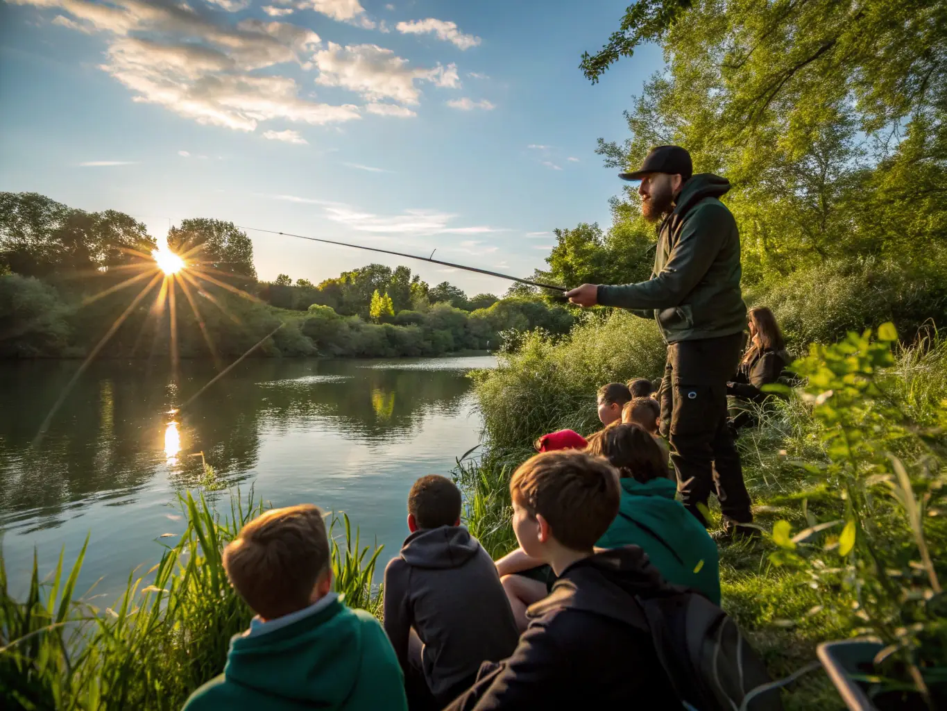 An image showing participants in a training session learning about different fishing techniques and equipment from an experienced instructor.